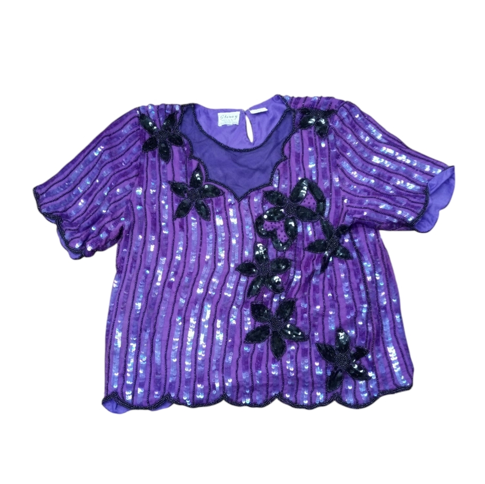 Vintage Purple Sequin 100%Silk Top
